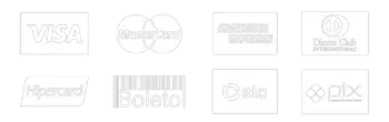 Formas de pagamento aceitas: Visa, Mastercard, Amex, Diners, Hipercard, Elo, Pix e Boleto